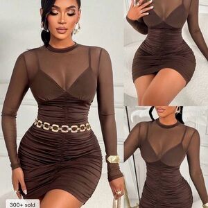 SHEIN Brown Long Sleeve Ruched Dress